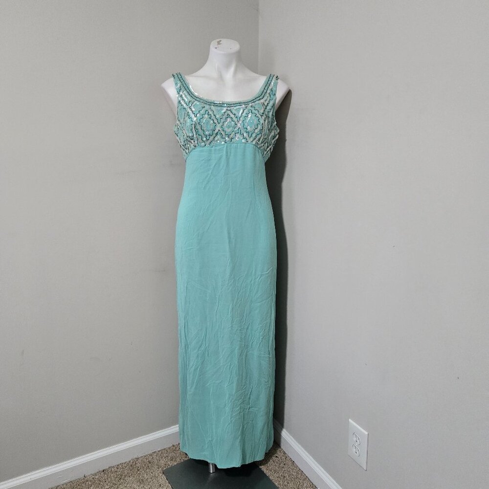 12 (fits 6-8) Late 60s Vintage Mardi Gras Light Turquoise Chiffon Regency Gown